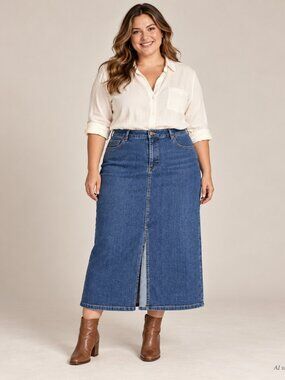 Denim Skirt Womens 14P Petite Blue Jean Long Skirt Front Slit